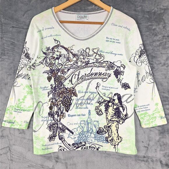 Cactus Bay Top Medium Vintage Y2K Chardonnay Wine Rhinestones All Over Print - Picture 1 of 7
